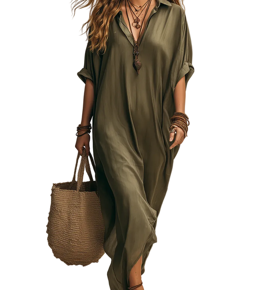 Relaxed-fit Green Satin Robe Dress