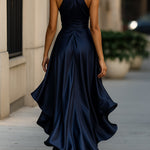 Midnight Elegance Satin Halter Ruffle Gown