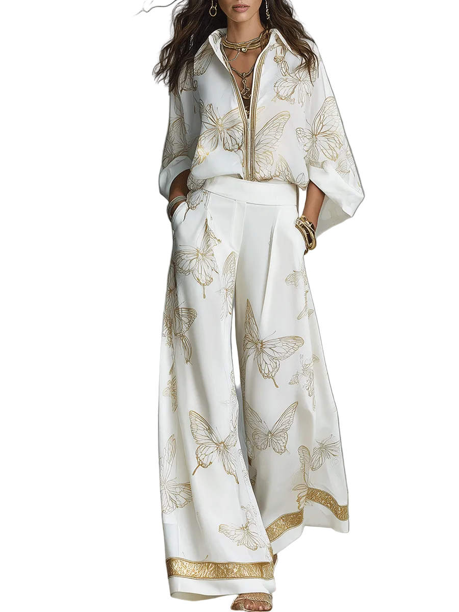 Bohemian Luxe Butterfly Jacquard Blouse & Wide-Leg Pants Set