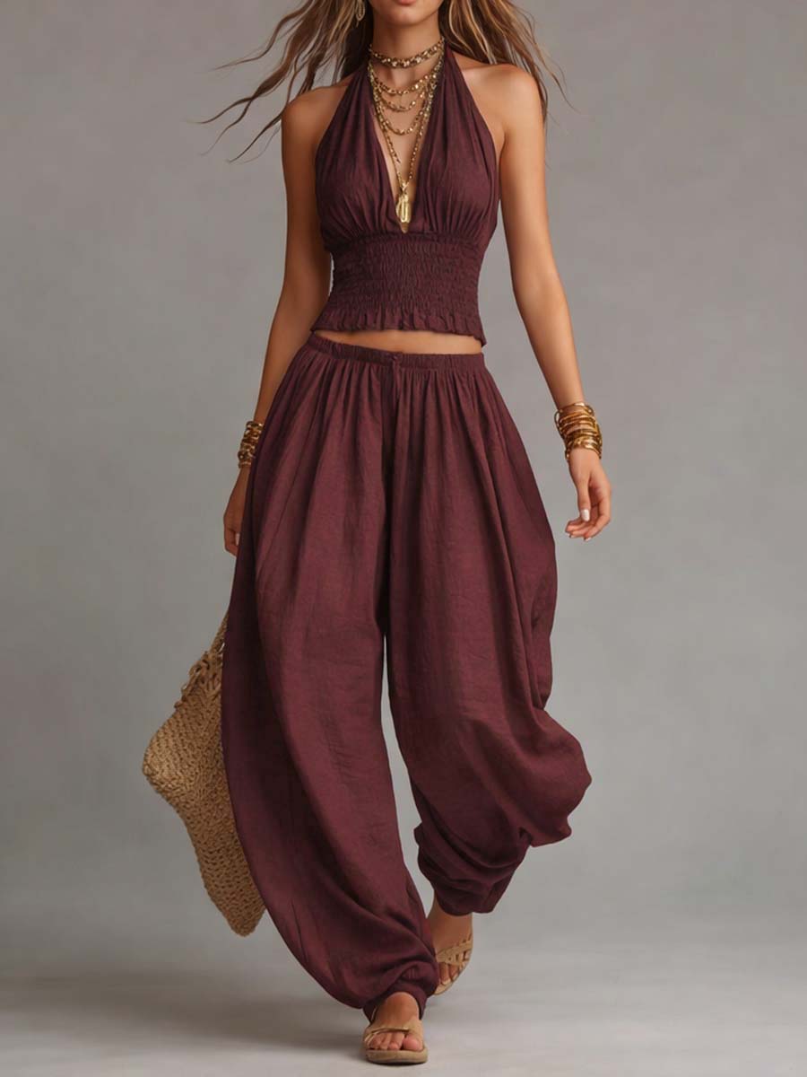 Bohemian Cotton-Linen Halter Smocked Crop Top & Harem Pants Two-Piece Set
