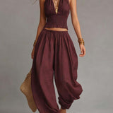 Bohemian Cotton-Linen Halter Smocked Crop Top & Harem Pants Two-Piece Set
