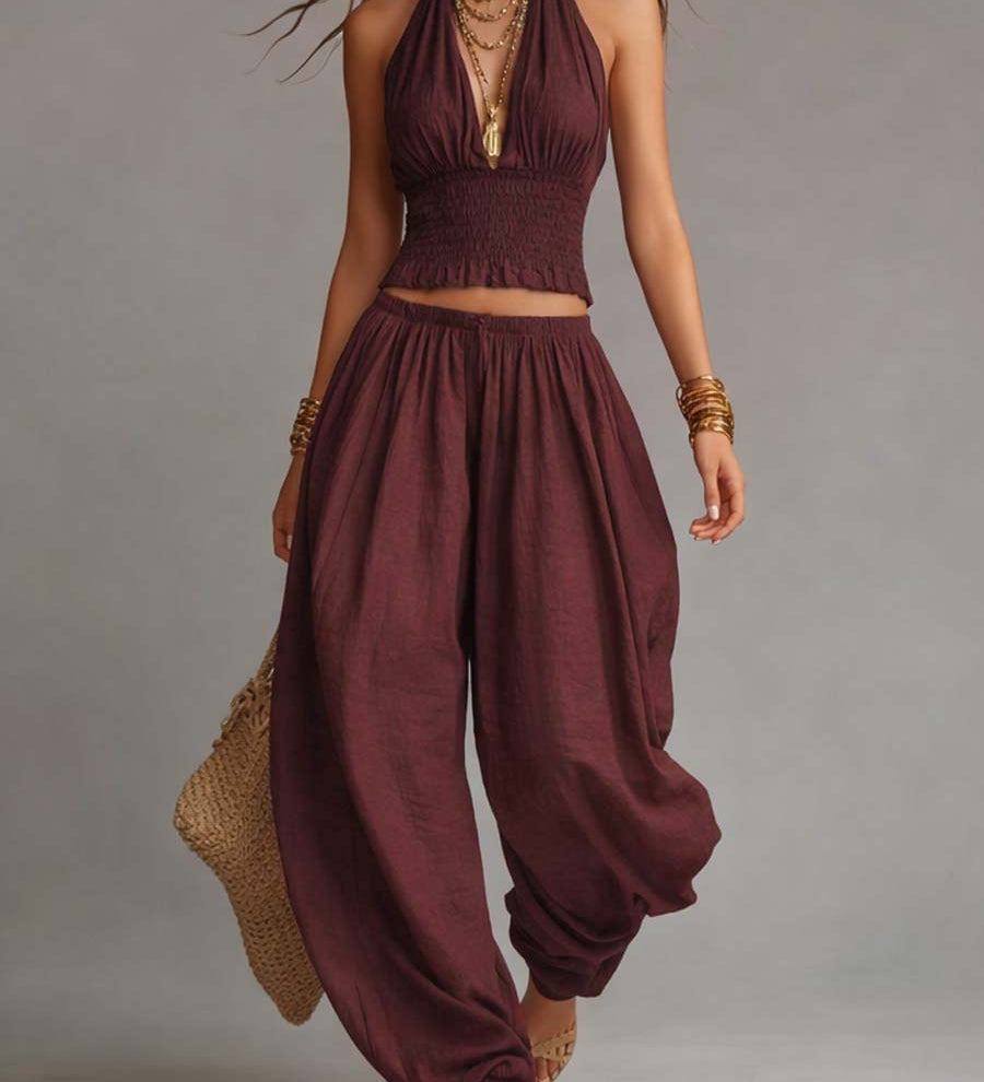 Bohemian Cotton-Linen Halter Smocked Crop Top & Harem Pants Two-Piece Set