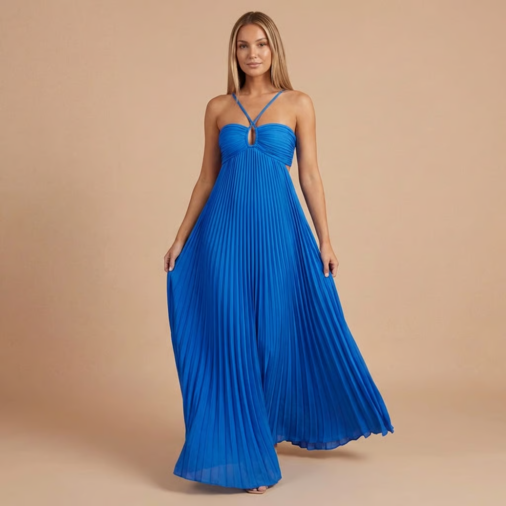 Women's Wedding Guest Pleated Halter Maxi Dress