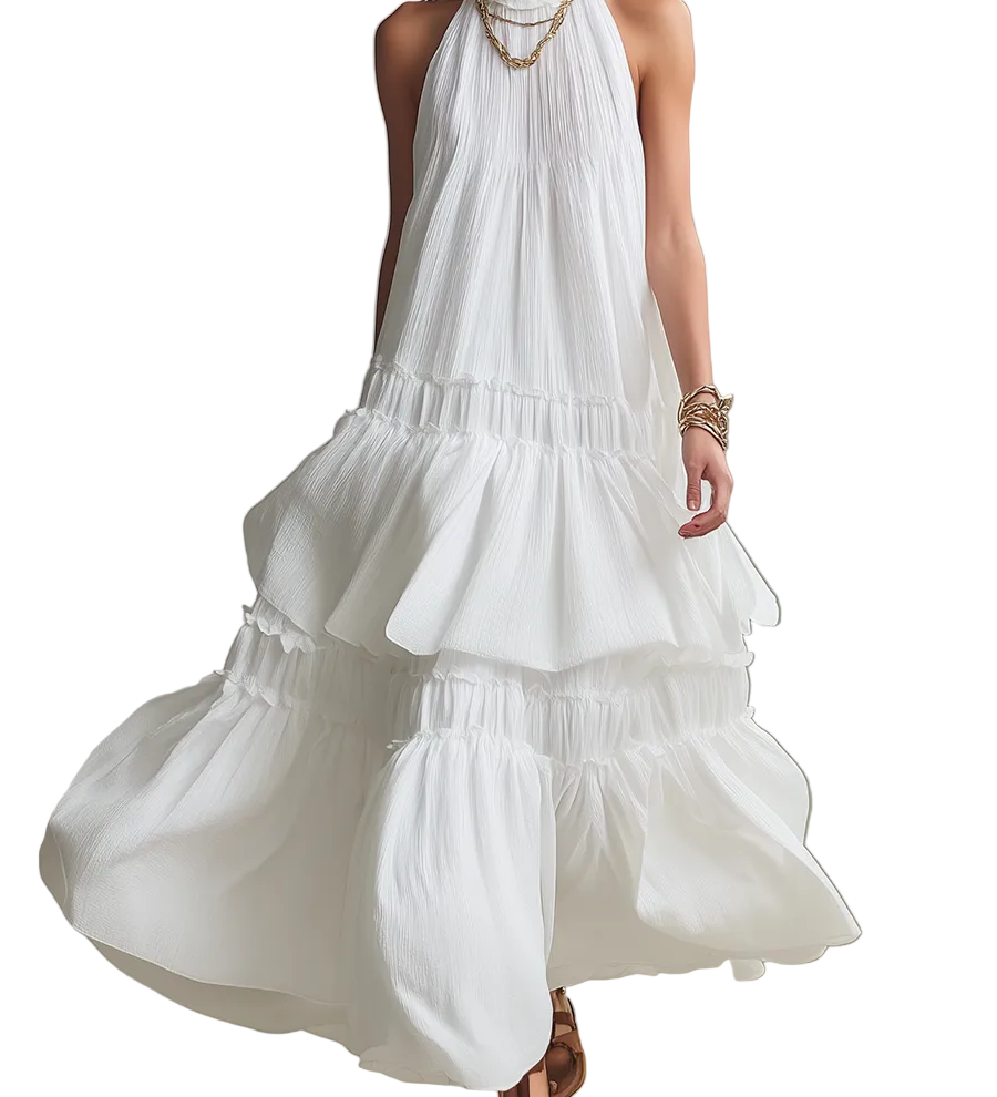 Airy High-Neck Tiered Bohemian Maxi Dress