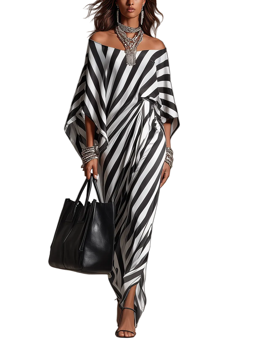 Statement Monochrome Stripe Asymmetric Maxi Dress