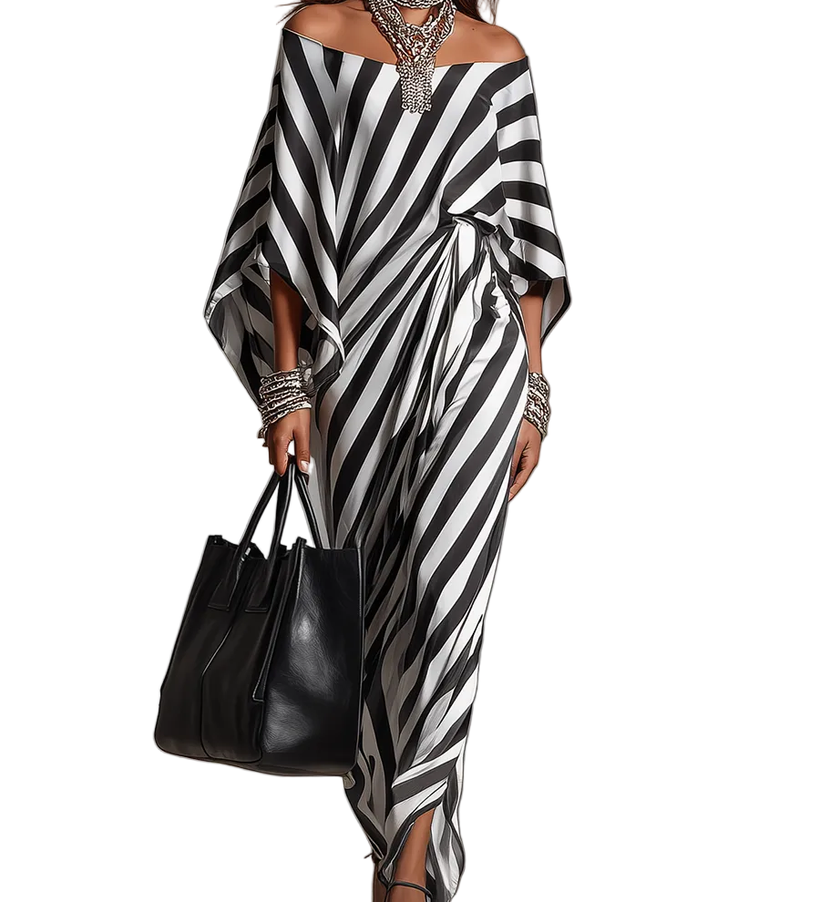 Statement Monochrome Stripe Asymmetric Maxi Dress