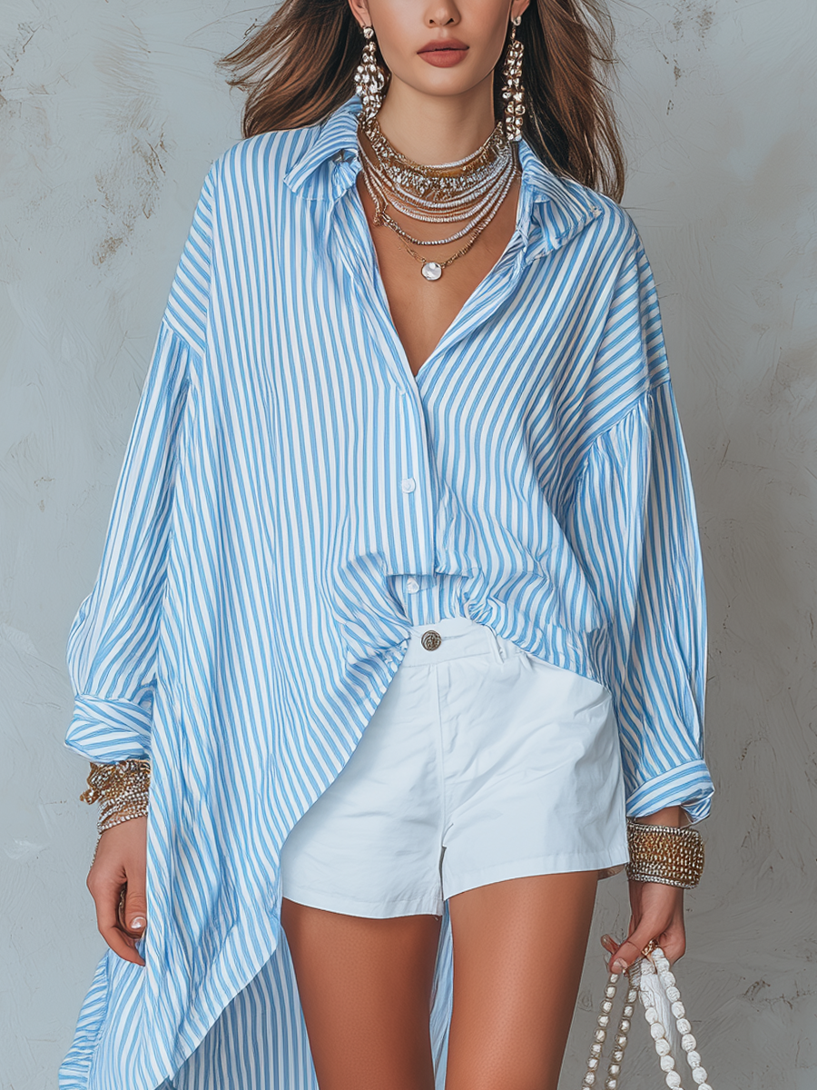 French-style Vacation Inspired Blue And White Striped Asymmetrical Shirt And Shorts Se