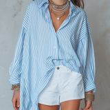 French-style Vacation Inspired Blue And White Striped Asymmetrical Shirt And Shorts Se