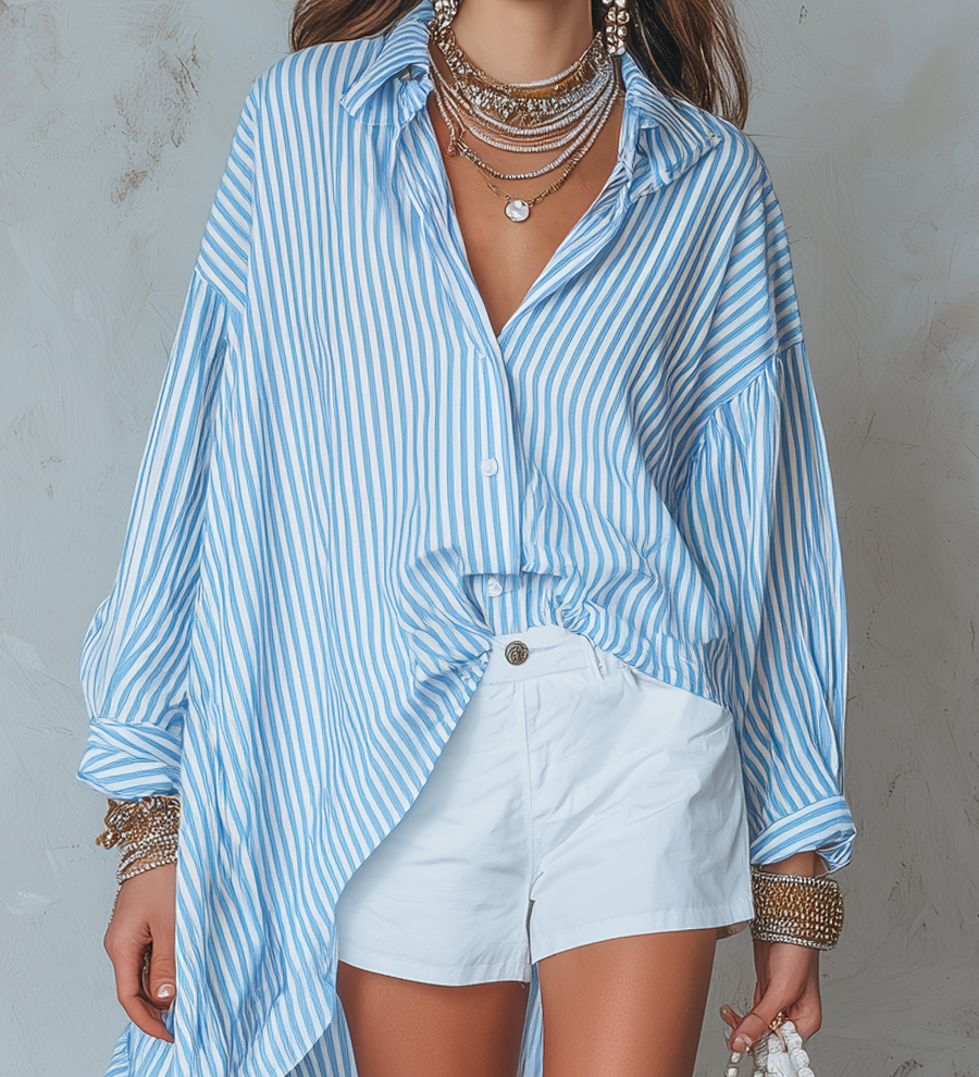 French-style Vacation Inspired Blue And White Striped Asymmetrical Shirt And Shorts Se