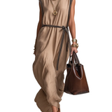 Sophisticated Sand-Tone Belted Midi Dress
