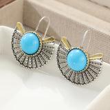 PENDIENTES BOHEMIO TURQUESA PLAQUÉ ORO ÉVENTAIL FORME AJOURÉ CROCHET