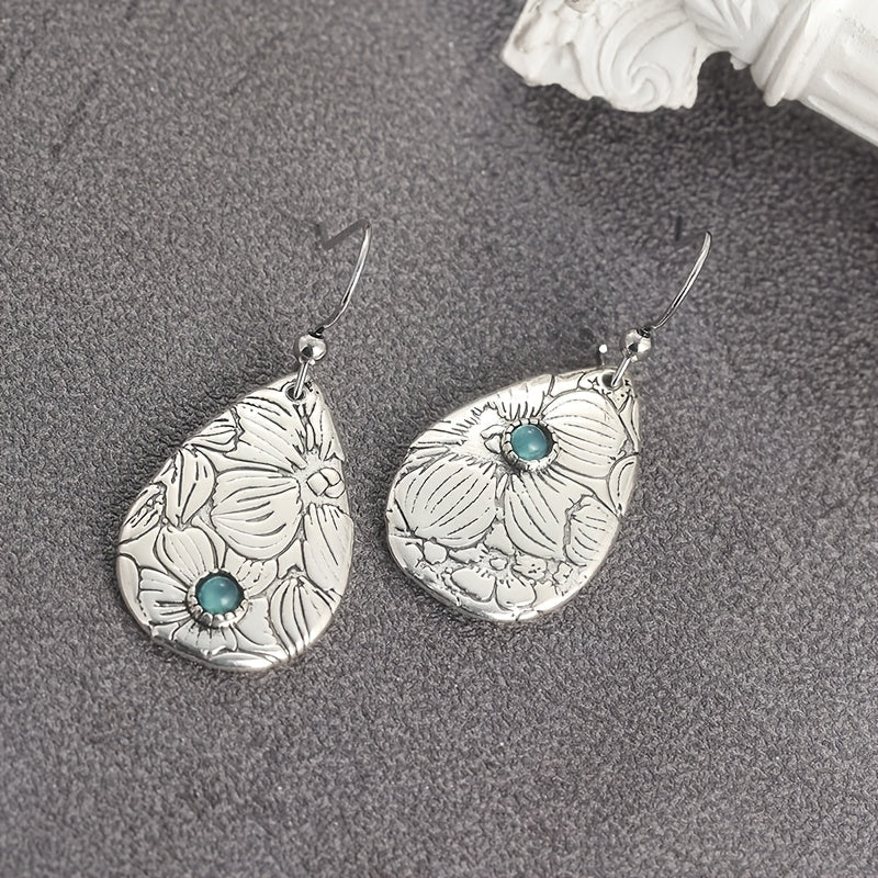 PENDIENTES RÉTRO SCULPTÉ FLEURS GOTA FORME TURQUESA PIERRE PRECIOSA CROCHET