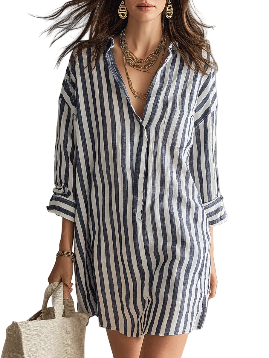 Relaxed Striped Oversized Blue & White Shirt Mini Dress