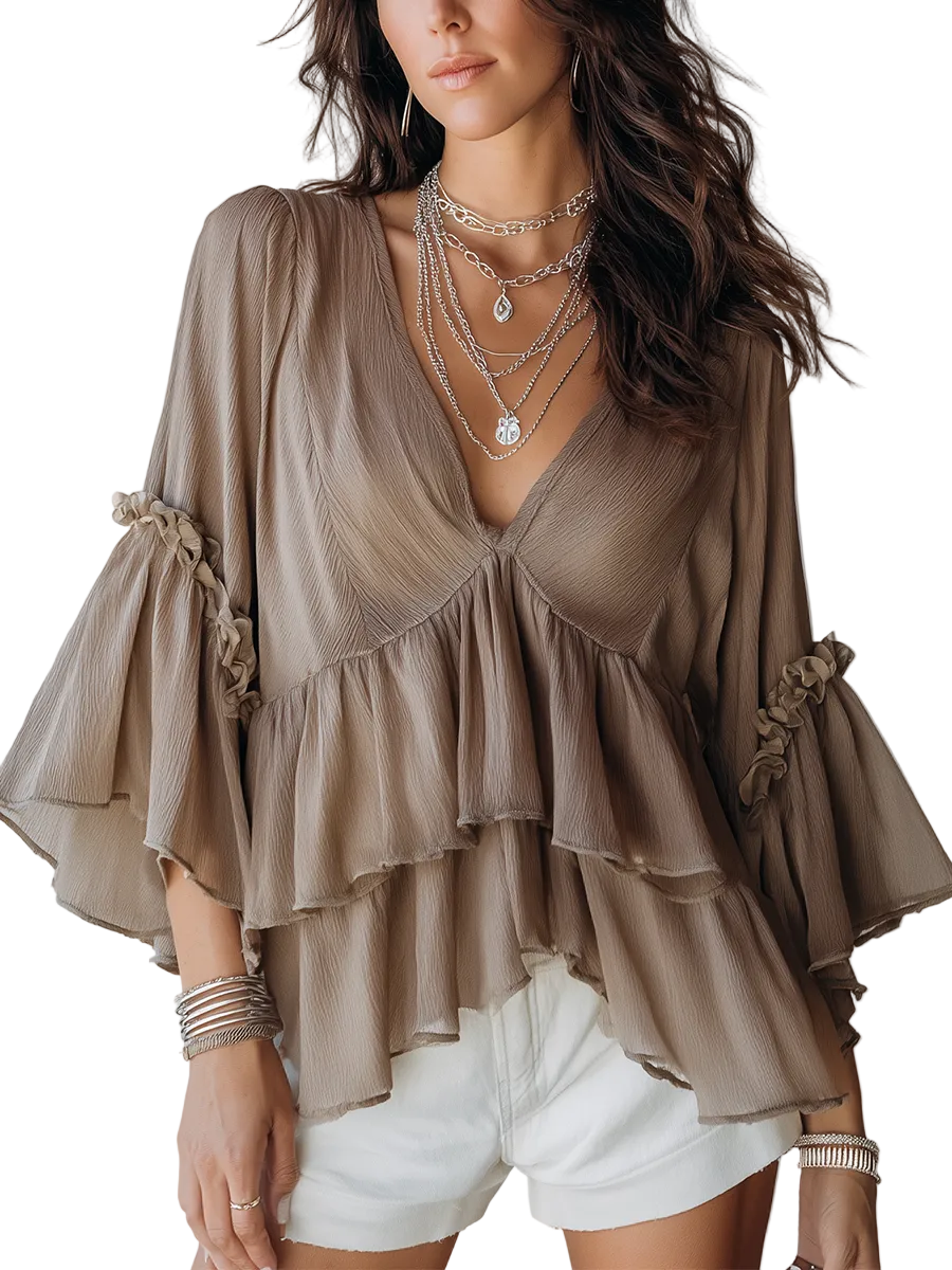 Lazy Style Brown Vneck Double Layered Ruffle Top
