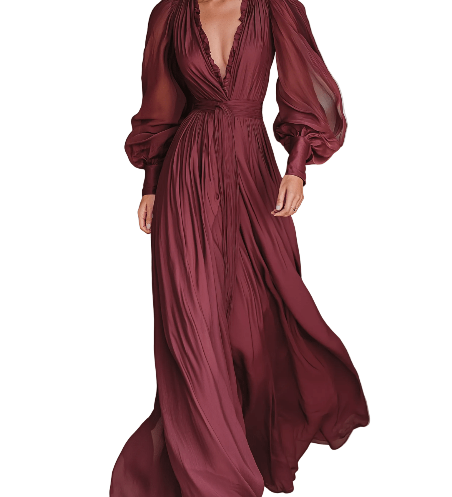 VESTIDO MAXI DE GASA BURDEOS CON ESCOTE EN V - VALERINA MARBELLA