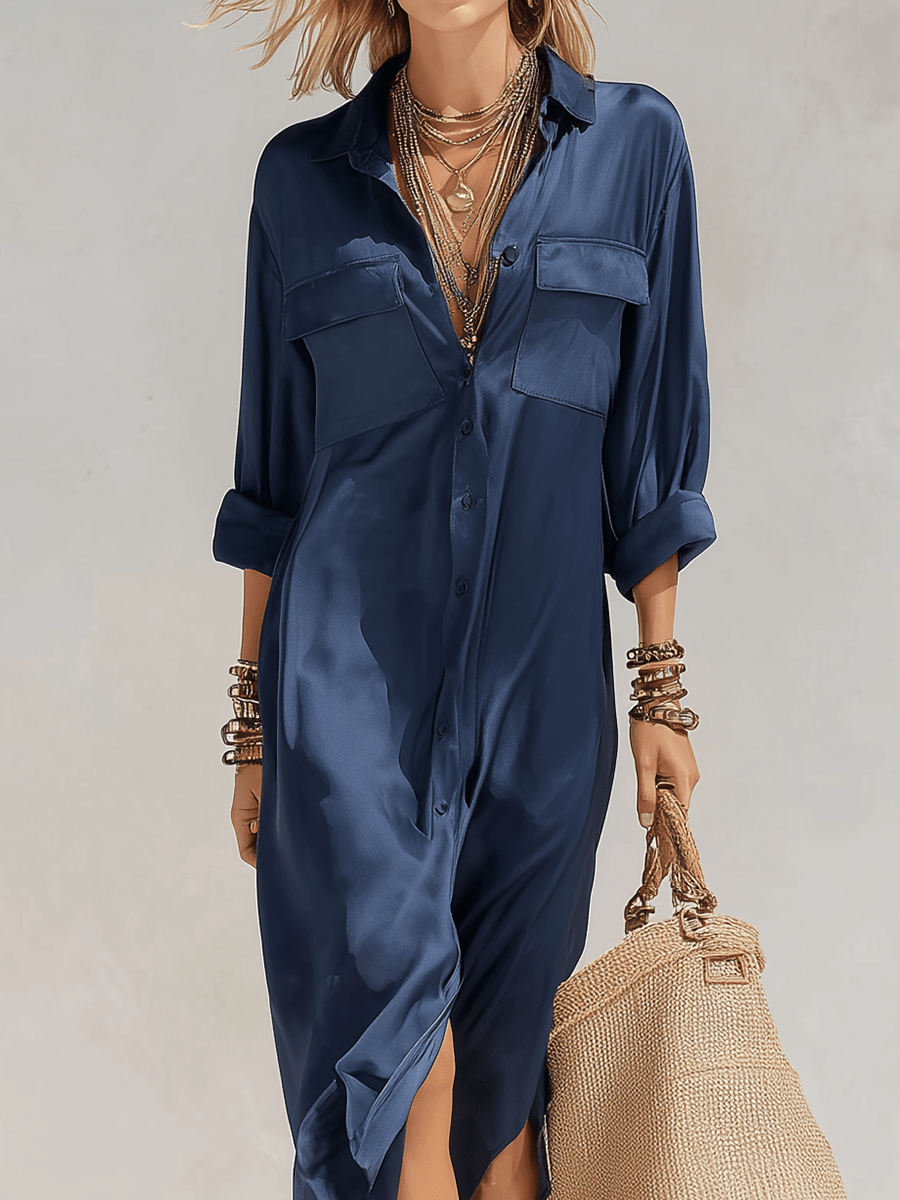 VESTIDO DE SATÉN AZUL PROFUNDO CON ABERTURA LATERAL - VALERINA MARBELLA