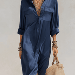 VESTIDO DE SATÉN AZUL PROFUNDO CON ABERTURA LATERAL - VALERINA MARBELLA