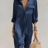 VESTIDO DE SATÉN AZUL PROFUNDO CON ABERTURA LATERAL - VALERINA MARBELLA