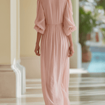 VESTIDO LARGO DE GASA ROSA EMPOLVADO CON ESCOTE EN V - VALERINA MARBELLA