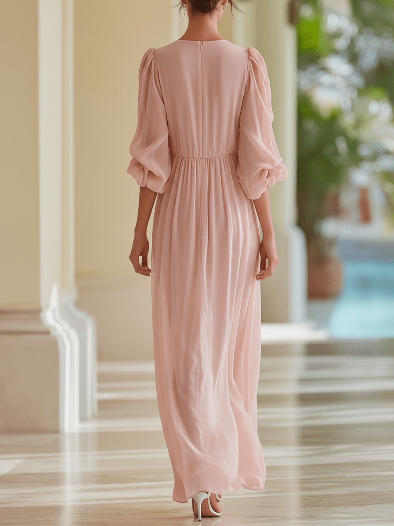 VESTIDO LARGO DE GASA ROSA EMPOLVADO CON ESCOTE EN V - VALERINA MARBELLA