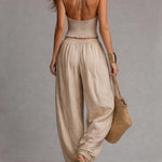 Bohemian Cotton-Linen Halter Smocked Crop Top & Harem Pants Two-Piece Set