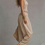 Bohemian Cotton-Linen Halter Smocked Crop Top & Harem Pants Two-Piece Set