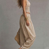 Bohemian Cotton-Linen Halter Smocked Crop Top & Harem Pants Two-Piece Set
