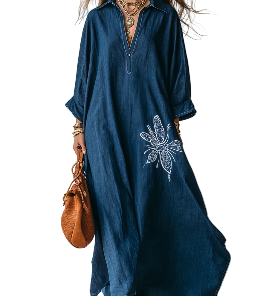 Retro Dragonfly Pattern Loose-fitting Dark Blue Dress