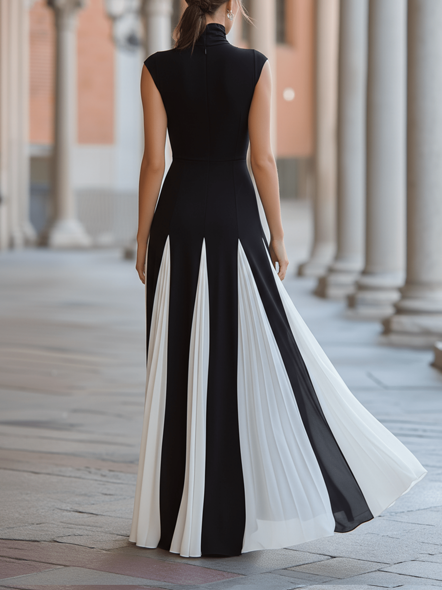 VESTIDO LARGO PLISADO EN BLANCO Y NEGRO - VALERINA MARBELLA