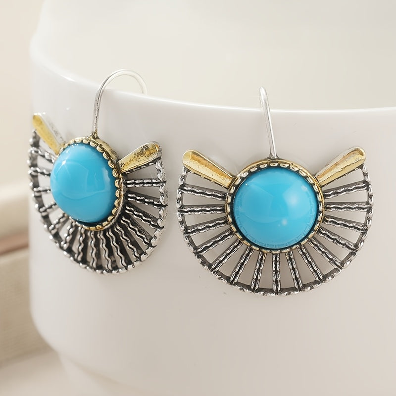 PENDIENTES BOHEMIO TURQUESA PLAQUÉ ORO ÉVENTAIL FORME AJOURÉ CROCHET