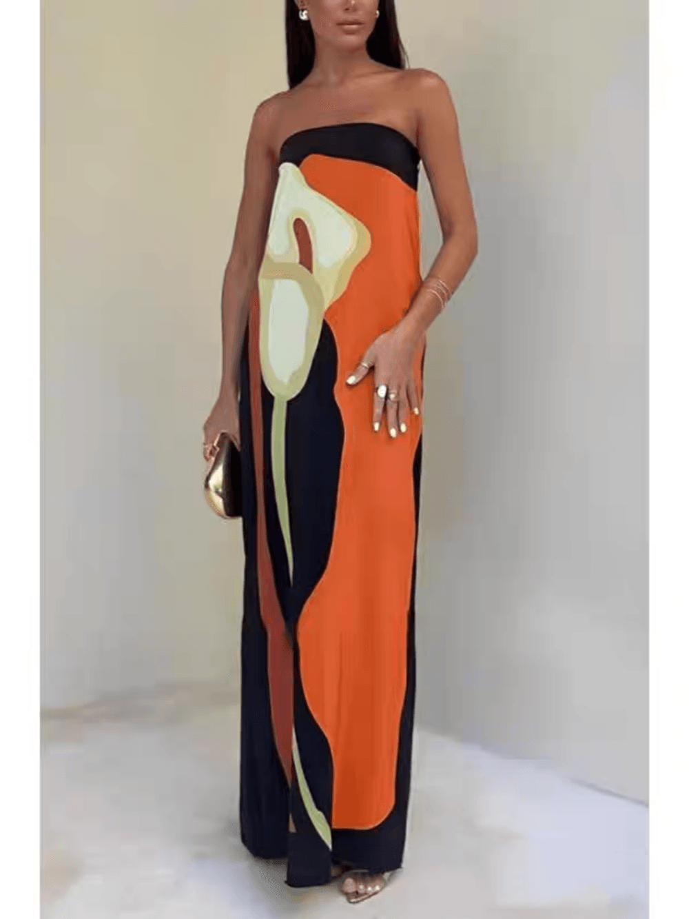 VESTIDO MAXI ESTAMPADO PALABRA DE HONOR CON BLOQUES DE COLOR