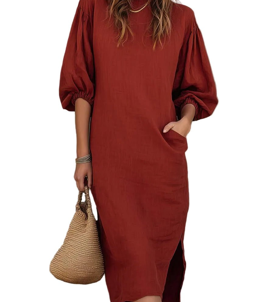 VESTIDO MIDI DE ALGODÓN Y LINO CON MANGAS FAROL - VALERINA MARBELLA