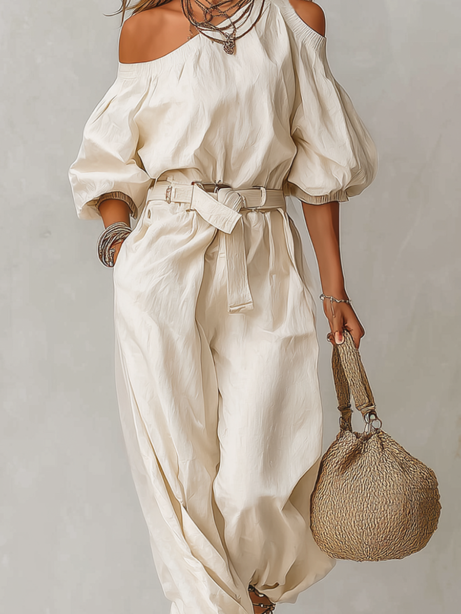 Off-the-shoulder Linen Jumpsuit With Tie Straps