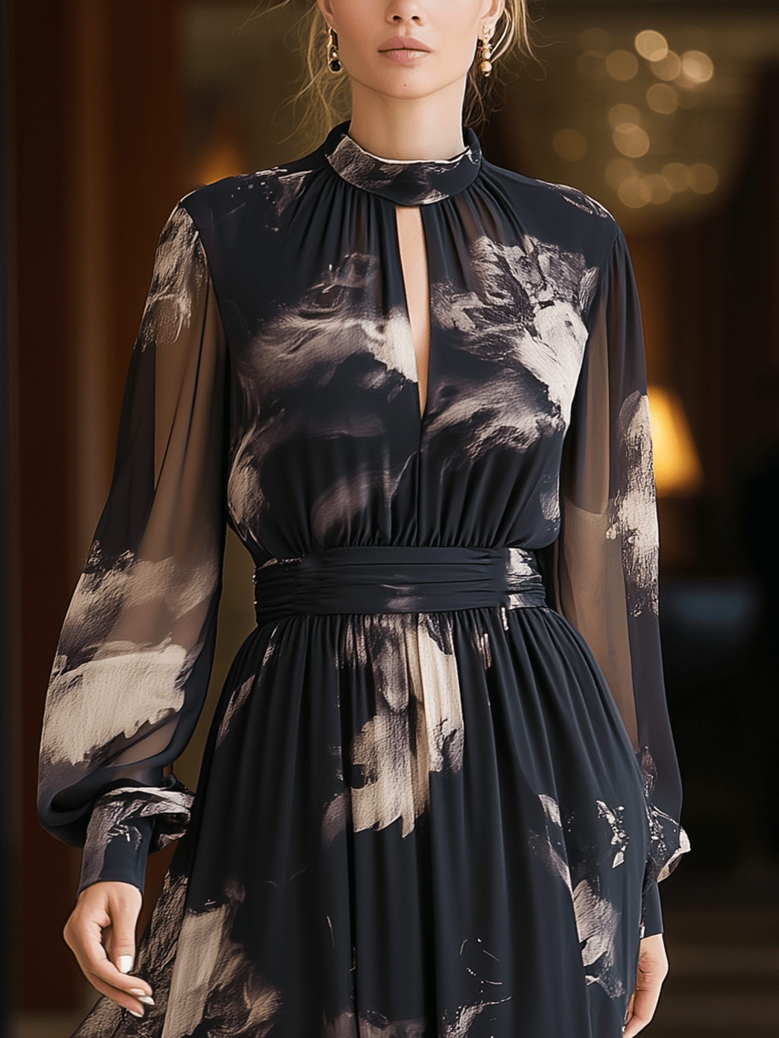 VESTIDO LARGO DE GASA CON ESTAMPADO ABSTRACTO NEGRO Y DORADO - VALERINA MARBELLA