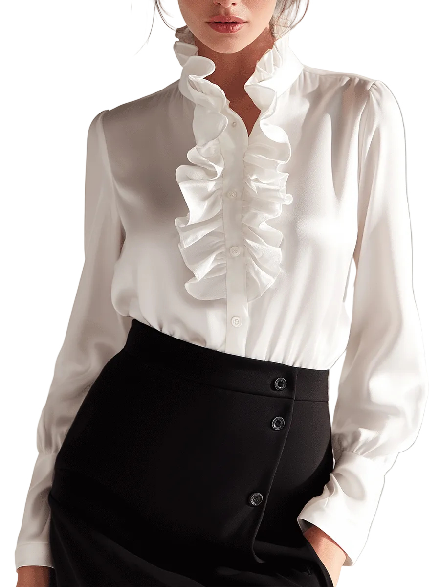 Classic White Ruffle Neck Button-Up Blouse