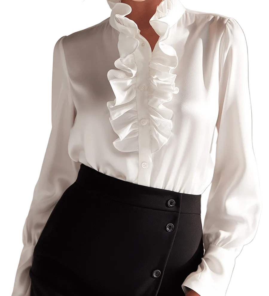 Classic White Ruffle Neck Button-Up Blouse