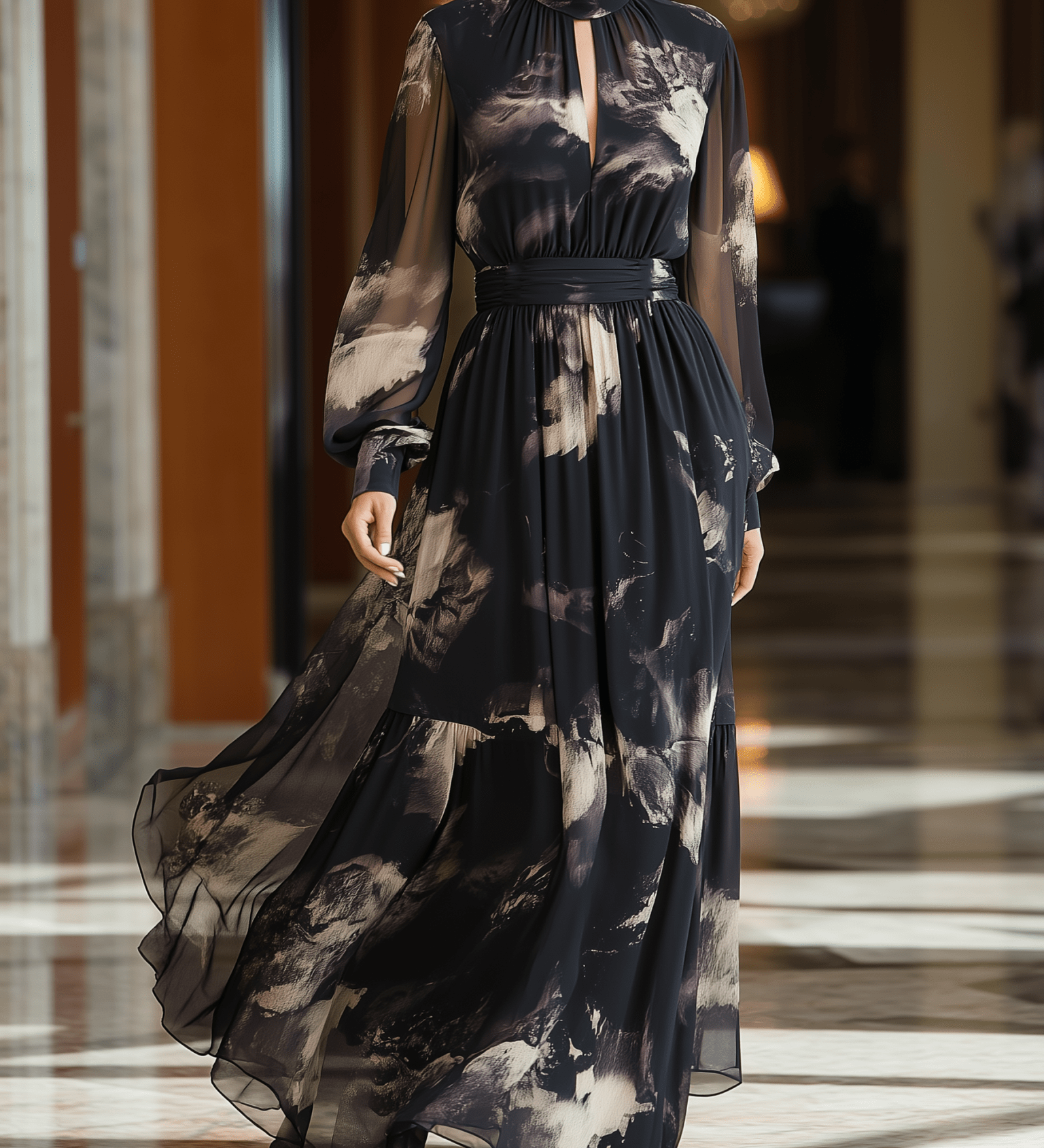 VESTIDO LARGO DE GASA CON ESTAMPADO ABSTRACTO NEGRO Y DORADO - VALERINA MARBELLA