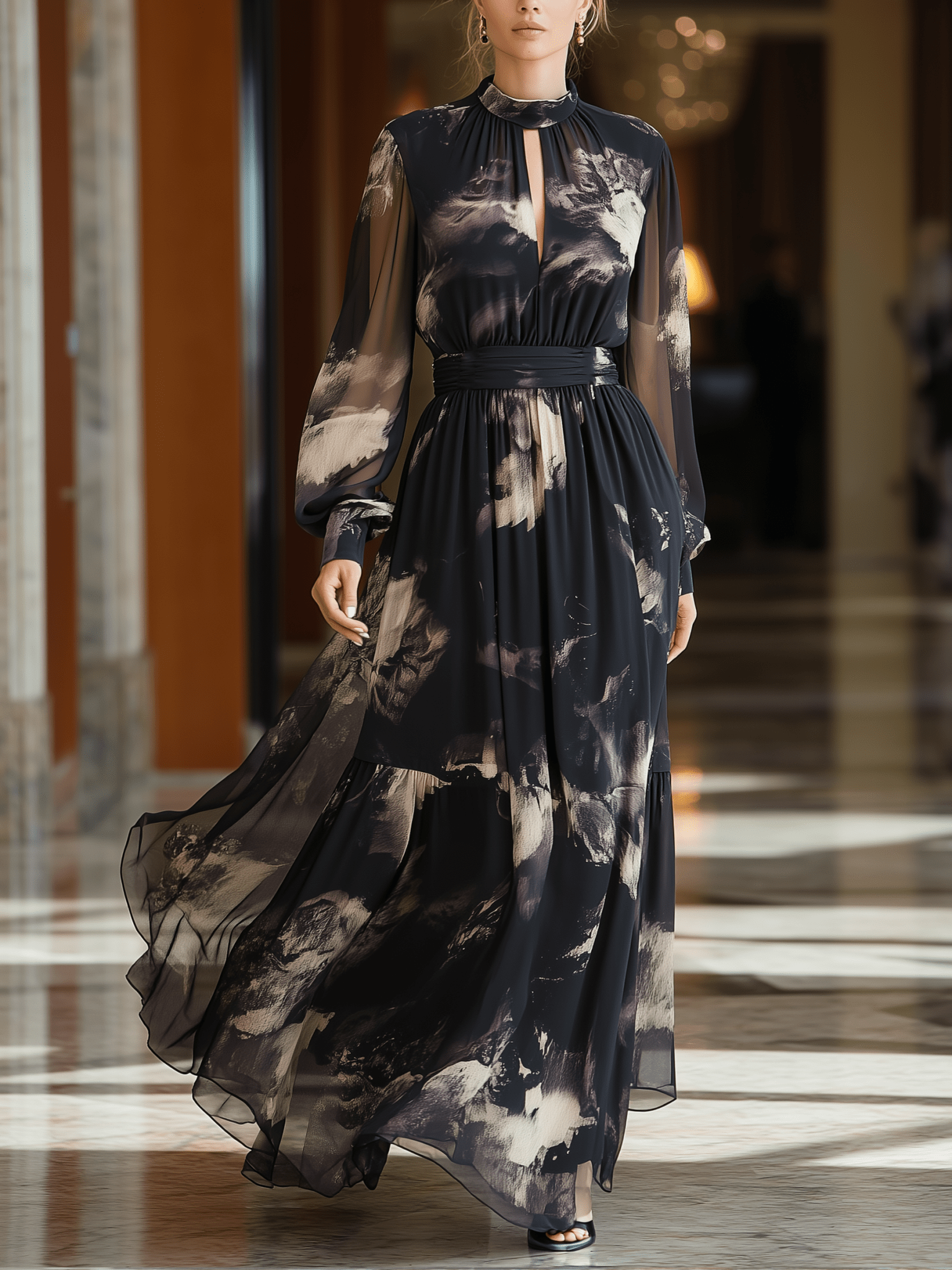 VESTIDO LARGO DE GASA CON ESTAMPADO ABSTRACTO NEGRO Y DORADO - VALERINA MARBELLA