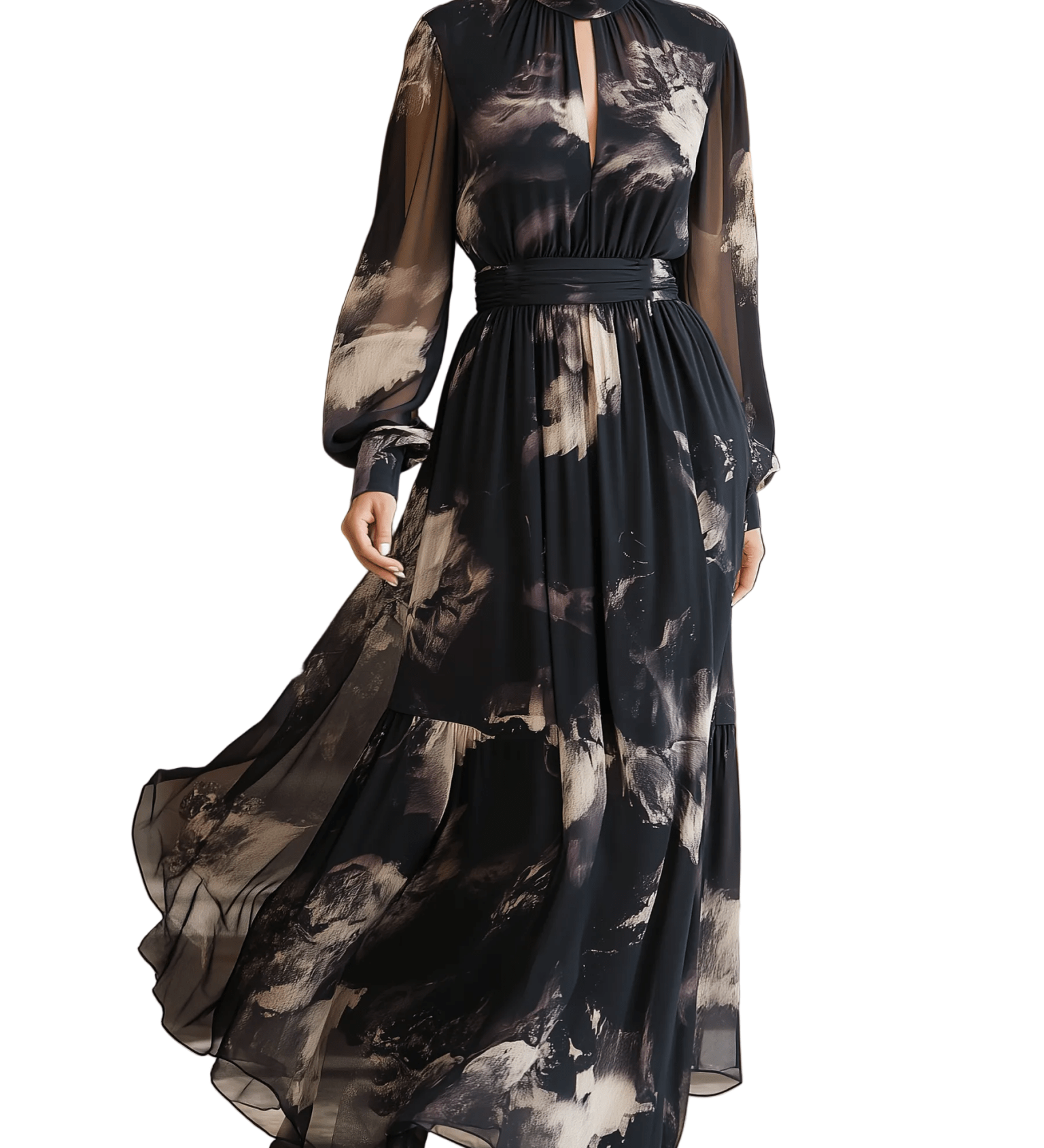 VESTIDO LARGO DE GASA CON ESTAMPADO ABSTRACTO NEGRO Y DORADO - VALERINA MARBELLA