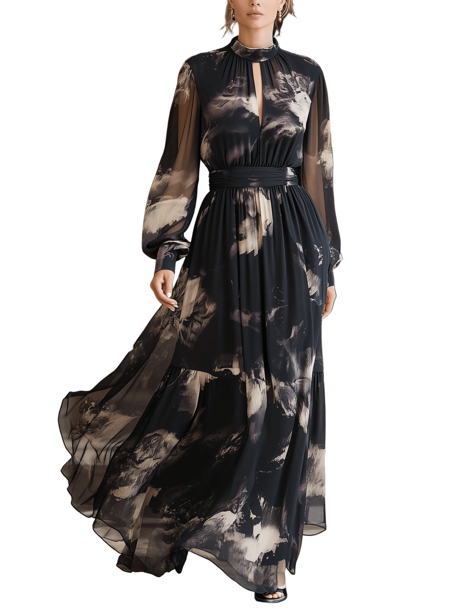 VESTIDO LARGO DE GASA CON ESTAMPADO ABSTRACTO NEGRO Y DORADO - VALERINA MARBELLA