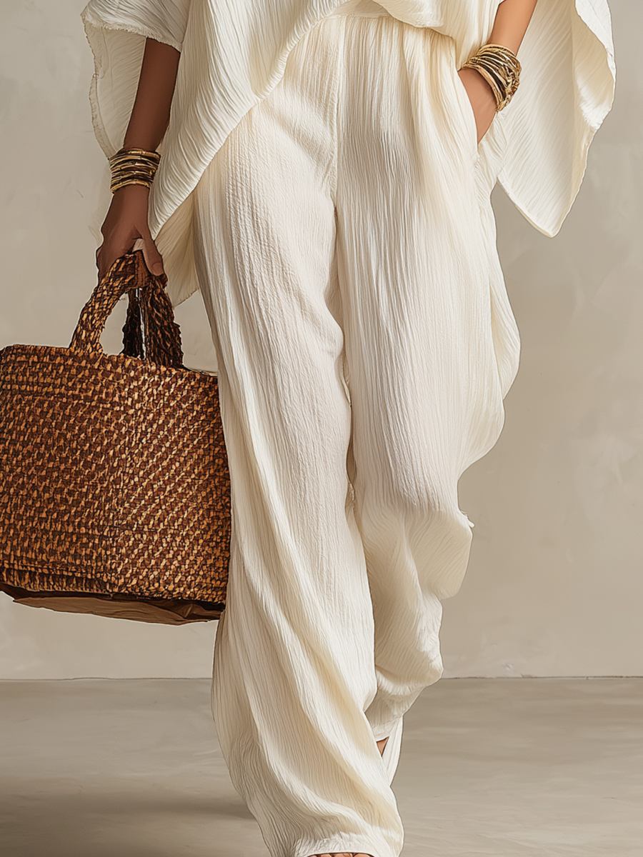 Relaxed Cream Textured V-Neck Batwing Sleeve & Wide-Leg Trouser Co-ord Set