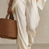 Relaxed Cream Textured V-Neck Batwing Sleeve & Wide-Leg Trouser Co-ord Set