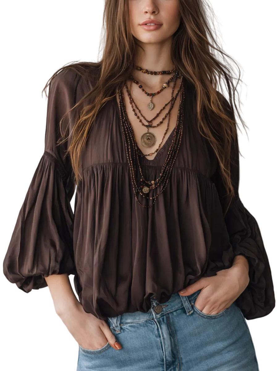 Retro Coffee Tone · Bohemian Pleated Chiffon Top