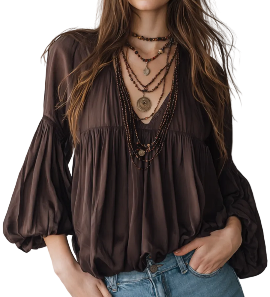 Retro Coffee Tone · Bohemian Pleated Chiffon Top