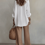Soft Casual White Lightweight Linen Shirt Warm Sand Brown Wide-Leg Trousers