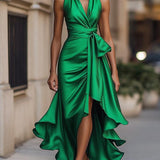 Midnight Elegance Satin Halter Ruffle Gown