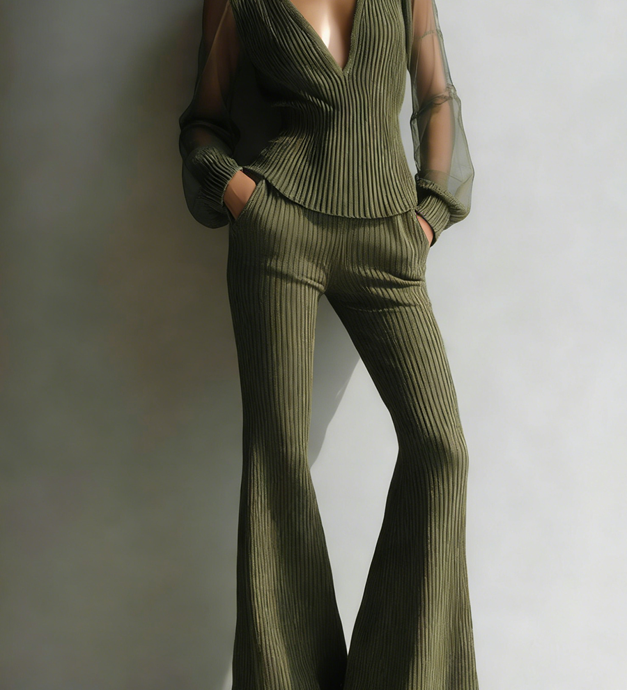 Sheer-Sleeve Ribbed Knit Set