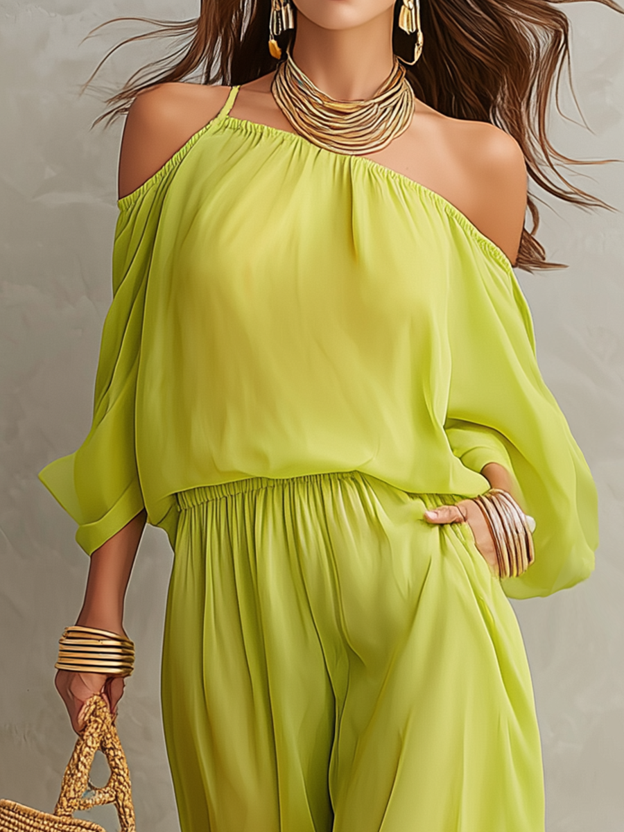 Vibrant Lime Green Halter Cold-Shoulder Sheer Trouser Co-ord Set