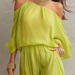 Vibrant Lime Green Halter Cold-Shoulder Sheer Trouser Co-ord Set