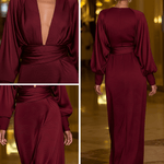 VESTIDO LARGO DE SATÉN JACQUARD BURDEOS CON ESCOTE EN V - VALERINA MARBELLA